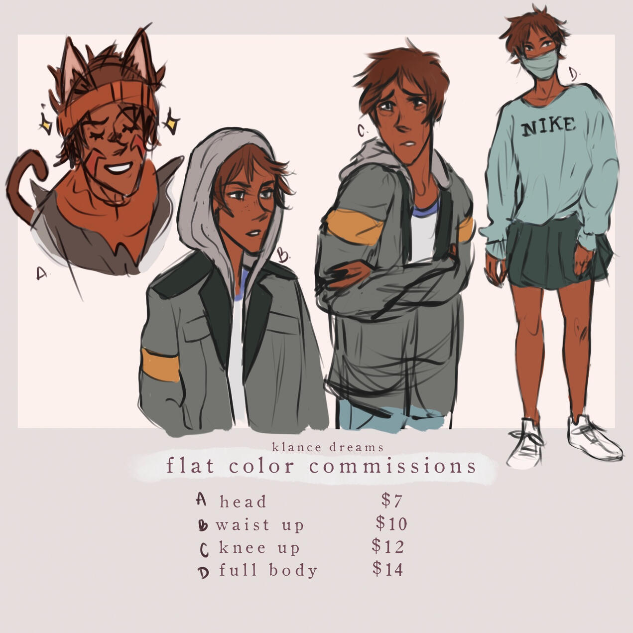 single character flat color commissions head $7 waist up $10 knees up $12 full body $14